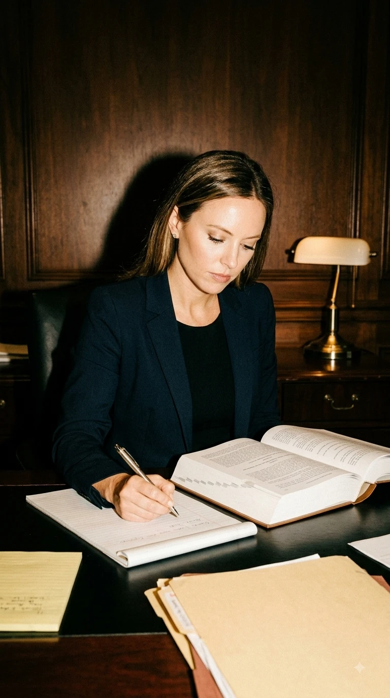 Attorney taking notes beside an open case book in a wood-paneled office
