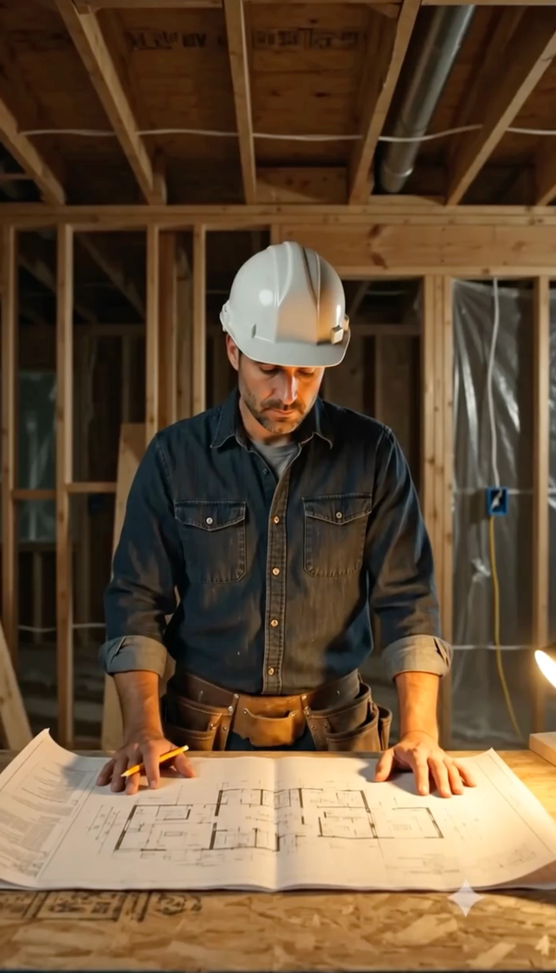 Contractor in a hard hat marking up blueprints on a framed job site under a work light