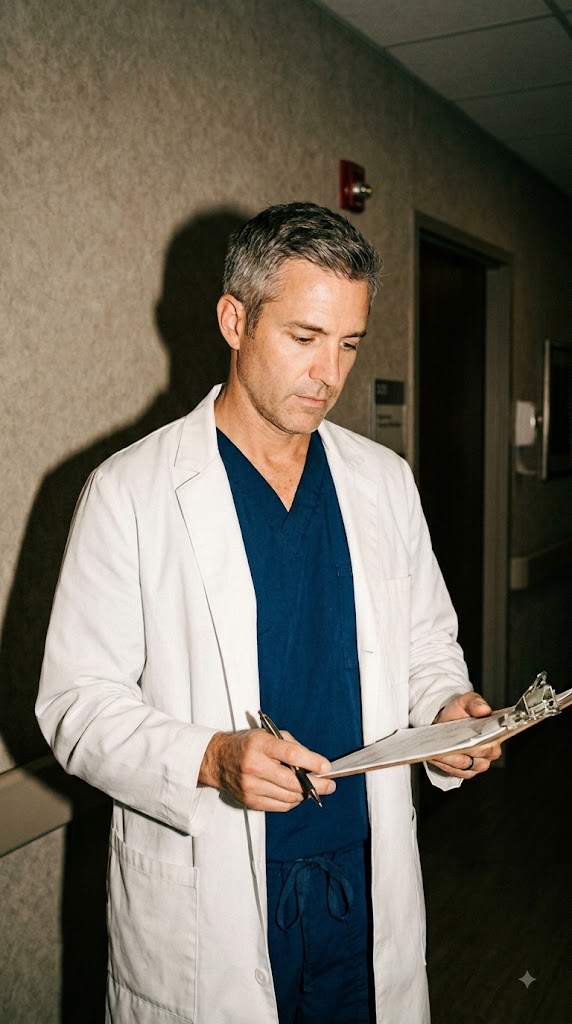Physician in a white coat reviewing a patient chart in a hospital corridor