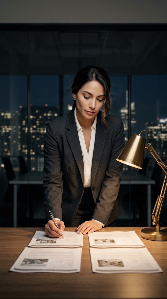 Real estate broker marking up listing sheets across a table in her office at night